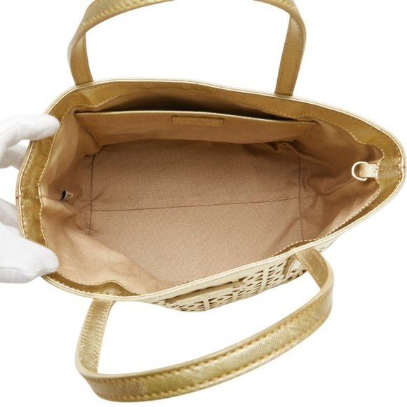 Kate Spade logo punched tote bag, gold leather handbag, women's.